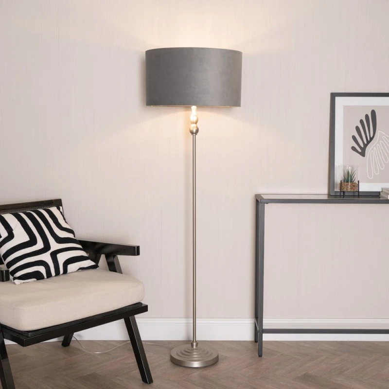 Image of ValueLights ValueLights Maggie Chrome Candlestick Floor Lamp with Grey Velvet & Chrome Inner Lamp Shade Grey One Size Unisex 5059406061547