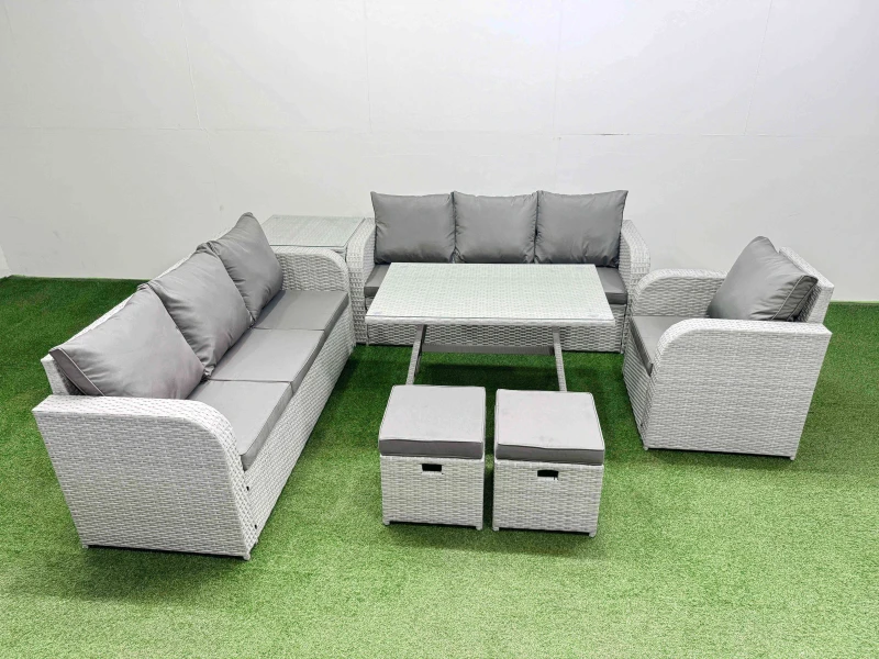 Image of Fimous 7 Pieces Outdoor PE Rattan Garden Furniture with Side Table 2 Stools in Light Grey Light Grey Unisex