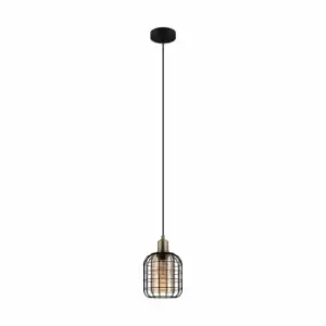 Image of Eglo Black Caged Pendant With Amber Glass Shade
