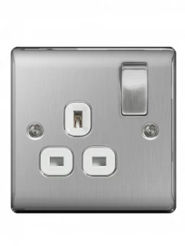 image of British General Brushed Steel 13A 1G Double Switched Socket White Surround