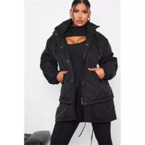 I Saw It First Black Long Line Diamond Quilted Coat - Black