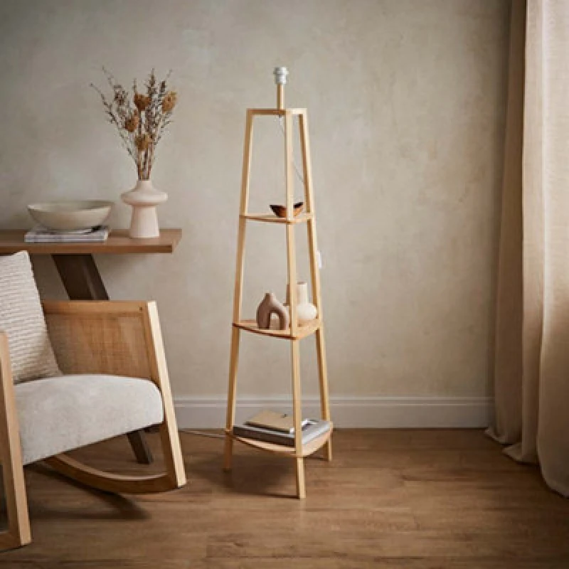 Image of ValueLights Hiru Natural Wooden 3 Tier Shelf Floor Lamp Base Natural