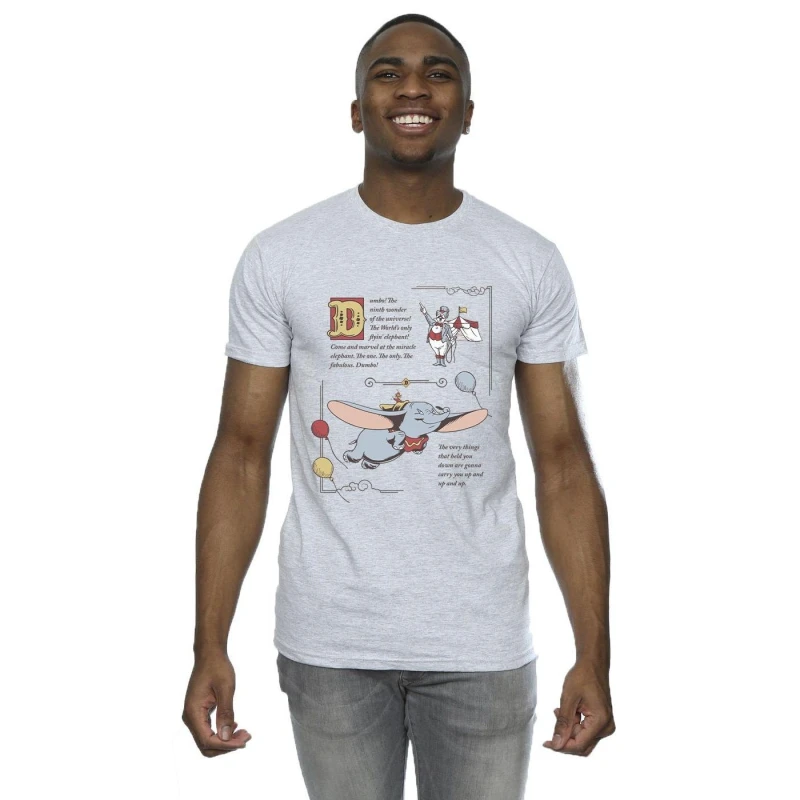 Image of Disney Men Dumbo Story Book Page T-Shirt in Grey Size: Small Grey S Male 5063153500723