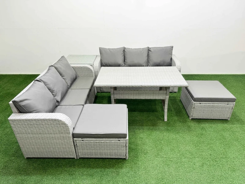 Image of Fimous Outdoor Garden Furniture Sets 8 Seater Wicker Rattan Furniture Sofa Sets with Rectangular Dining Table high Back Lounge Sofa 2 Big Footstool Si