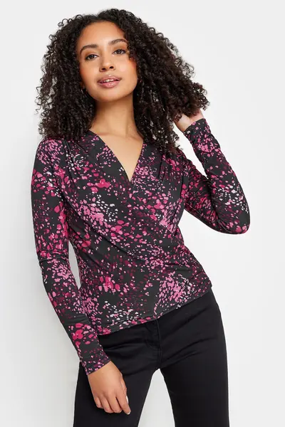 image of M&Co Petite Wrap Long Sleeve Top Pink