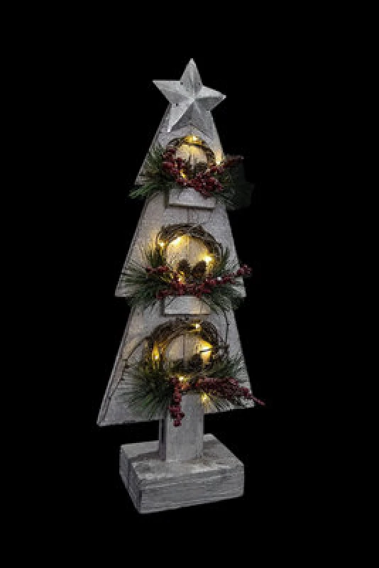 Image of Shatchi Christmas Decoation Battery Operated Wooden House Grey Tabletop Decorated with Berries, Pines and Small Warm White Bulbs Grey