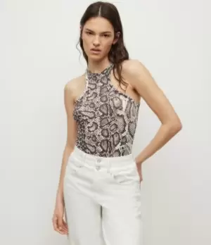Image of AllSaints Womens Womens Animal Print Norma Noche Bodysuit, White, Black and Brown, Size: 12, White/Black/Brown