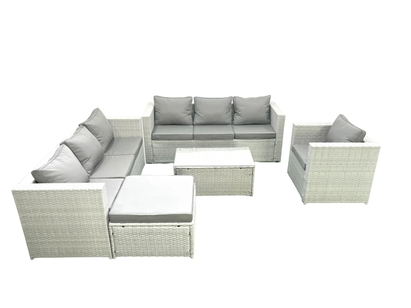 Image of Fimous Wicker PE Rattan Sofa Garden Furniture Set with Armchair Oblong Coffee Table Big Footstool Light Grey Mixed Light Grey