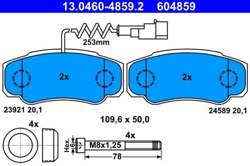 Image of ATE 13.0460-4859.2 Brake pad set incl. wear warning contact, with accessories, with brake caliper screws Brake Pad Set,disc brake (402)
