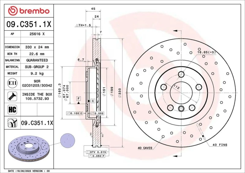 Image of BREMBO Brake disc BREMBO 09.C351.1X