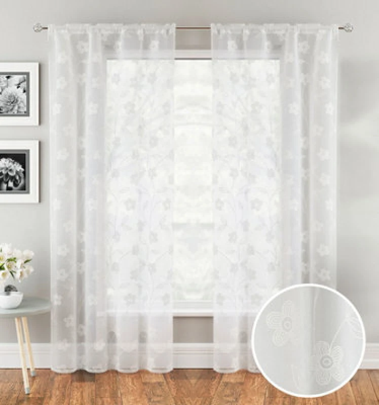 Image of Tyrone Textiles Sienna Embroidery-Look Floral Print Voile Panel - Pair White