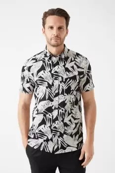 Image of Mens Black Floral Cotton Slub Print Shirt