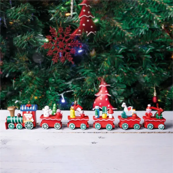 Image of Wooden Christmas Train Set with Santa Decoration in Red ELV-811960