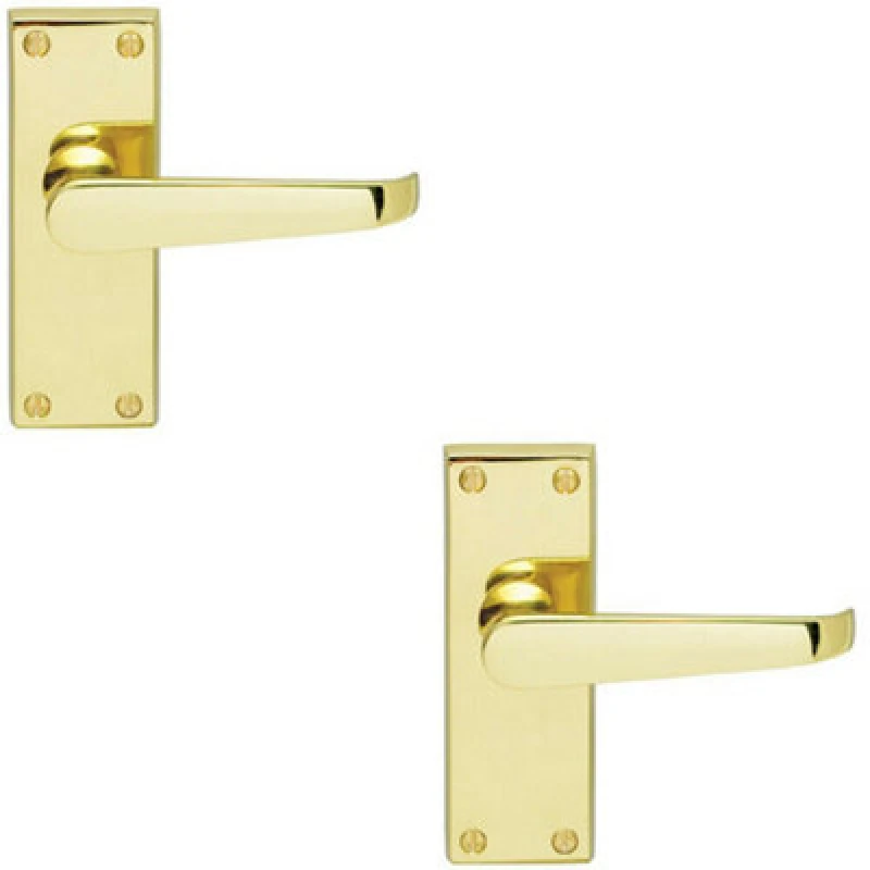 Image of Loops 2x Straight Victorian Lever on Rectangular Latch Backplate Handle Polished Brass Metallics