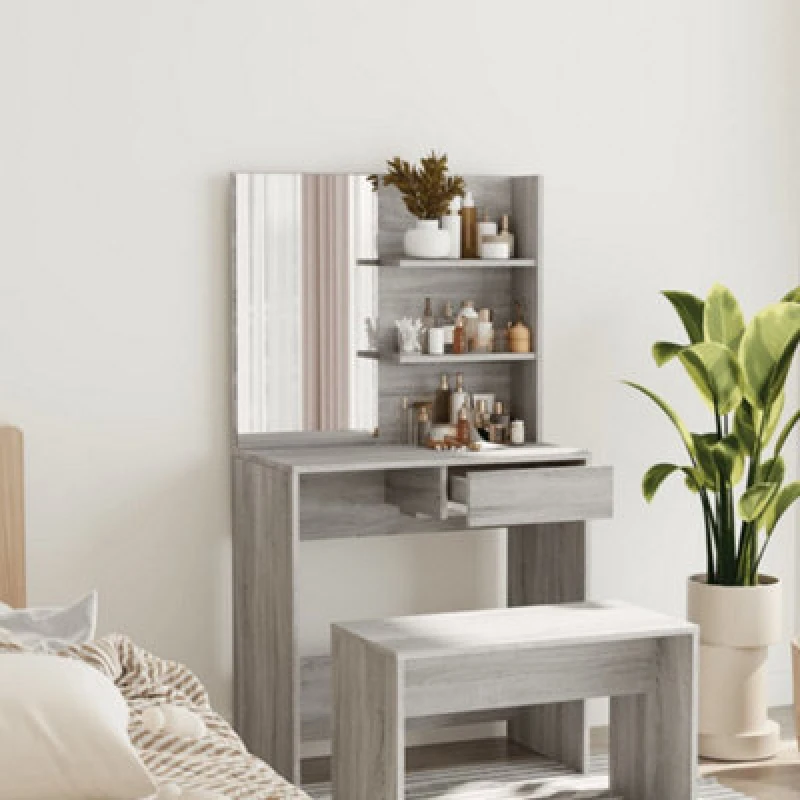 Image of Vidaxl Dressing Table With Mirror Grey Sonoma 74.5X40X141 Cm, Grey 820491