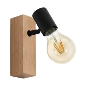 Image of Wall Light Colour Brown Wood Back Plate Black Bulb Holder Bulb E27 10W