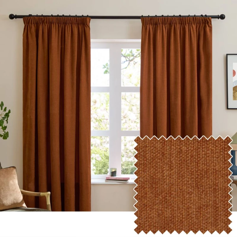 Image of Furn Soft Chenille Blackout Pencil Pleat Curtain Pair in Burnt Orange Size: 229cm width x 229cm drop Burnt Orange Unisex 229cm width x 229cm dro