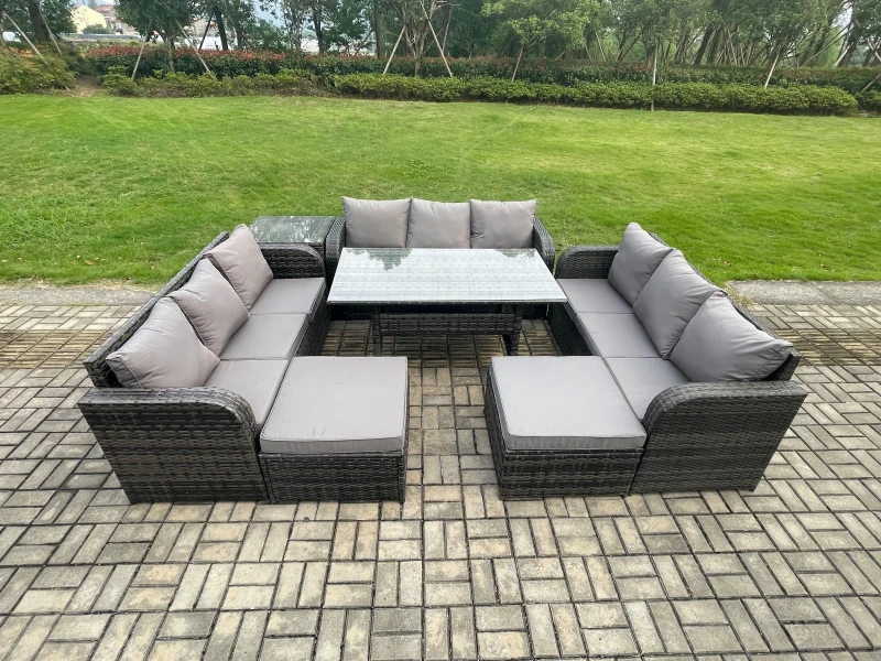 Image of Fimous Wicker PE Rattan Sofa Outdoor Garden Furniture Set with Rectangular Dining Table 2 Big Footstool Side Table Dark Grey Mixed Dark Grey Unisex