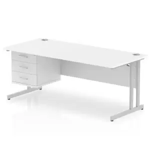 image of Impulse 1800 Rectangle Silver Cant Leg Desk White 1 x 3 Drawer Fixed