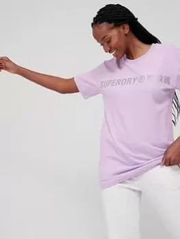 Image of Superdry Code Linear Logo Loose Fit Pure Cotton Tee - Lilac, Purple, Size 12, Women