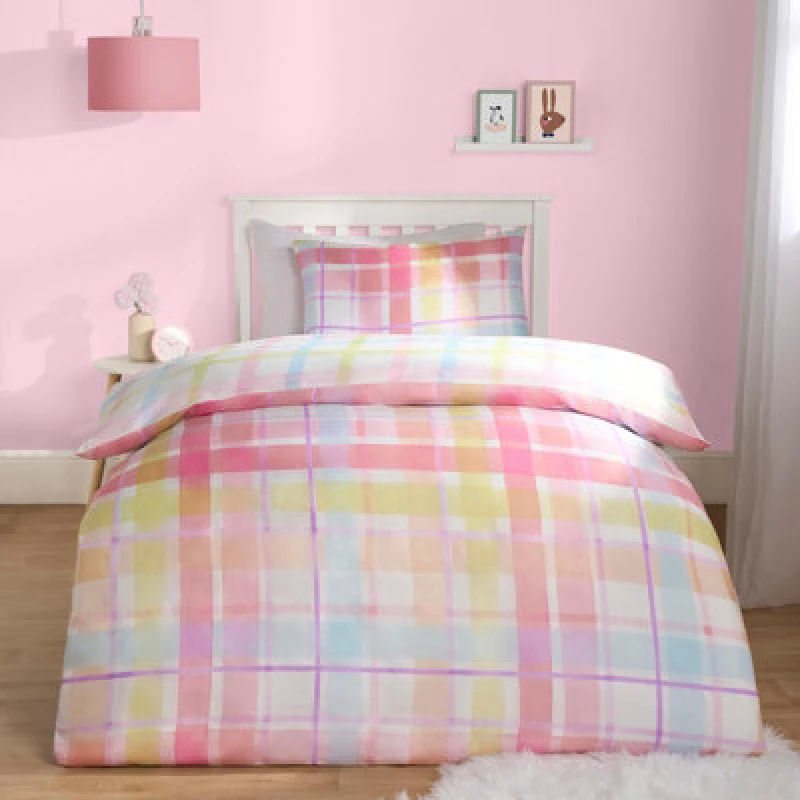 Image of OHS OHS Gingham Check Duvet Cover Set Pillowcase Reversible Quilt Bedding in Pink Size: Double Pink Double Unisex 5027434205219