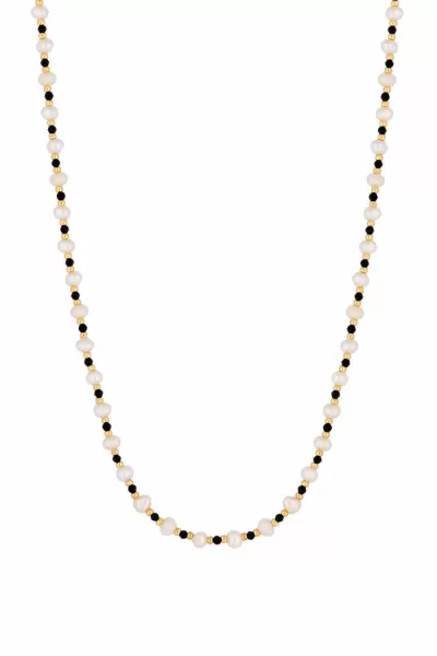 image of Freshwater Pearl And Black Bead 14" Necklace