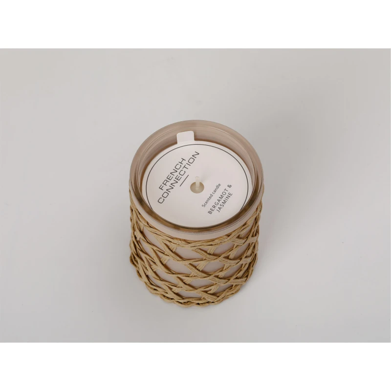 Image of French Connection French Connection Scented Jar Candle Woven Rattan Bergamot & Jasmine Long-Lasting Luxury Home Fragrance Gift in Beige Size: Medium
