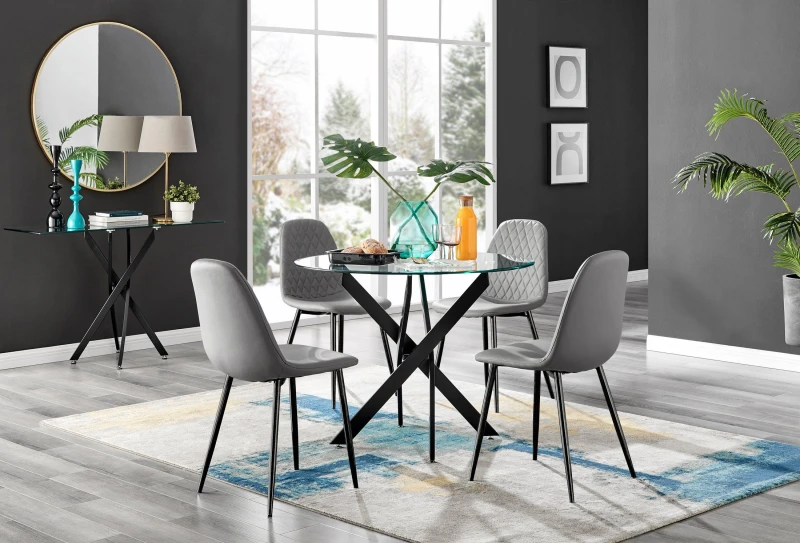Image of FurnitureboxUK FurnitureboxUK Novara 4 Seater Black Leg Round Glass Dining Table & 4 Corona Faux Leather Black Leg Chairs in Grey Grey One Size Unisex
