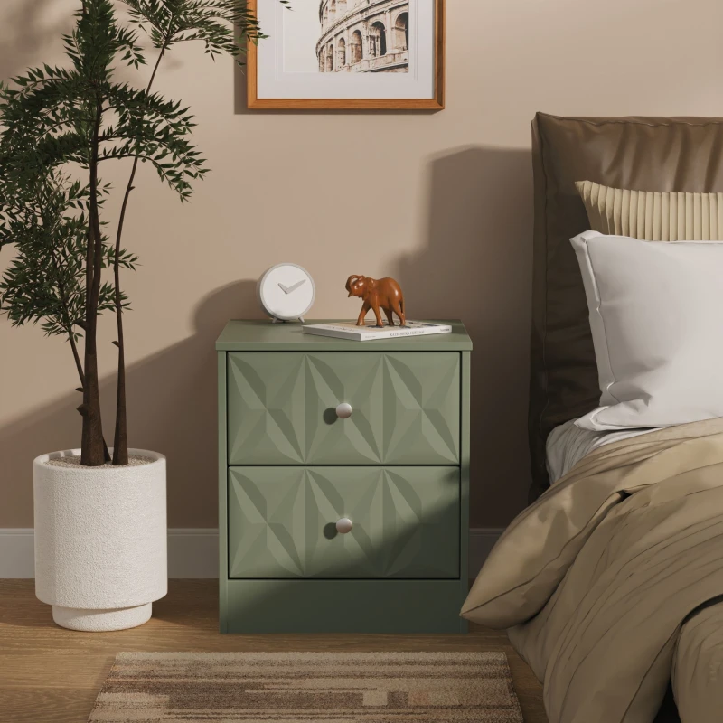 Image of Genoa Ready Assembled Matt Green 2 Drawer Bedside Chest (H)521mm (W)450mm (D)395mm