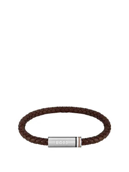 Image of BOSS 1580624 Mens Ares Braided Black Leather Gold Jewellery