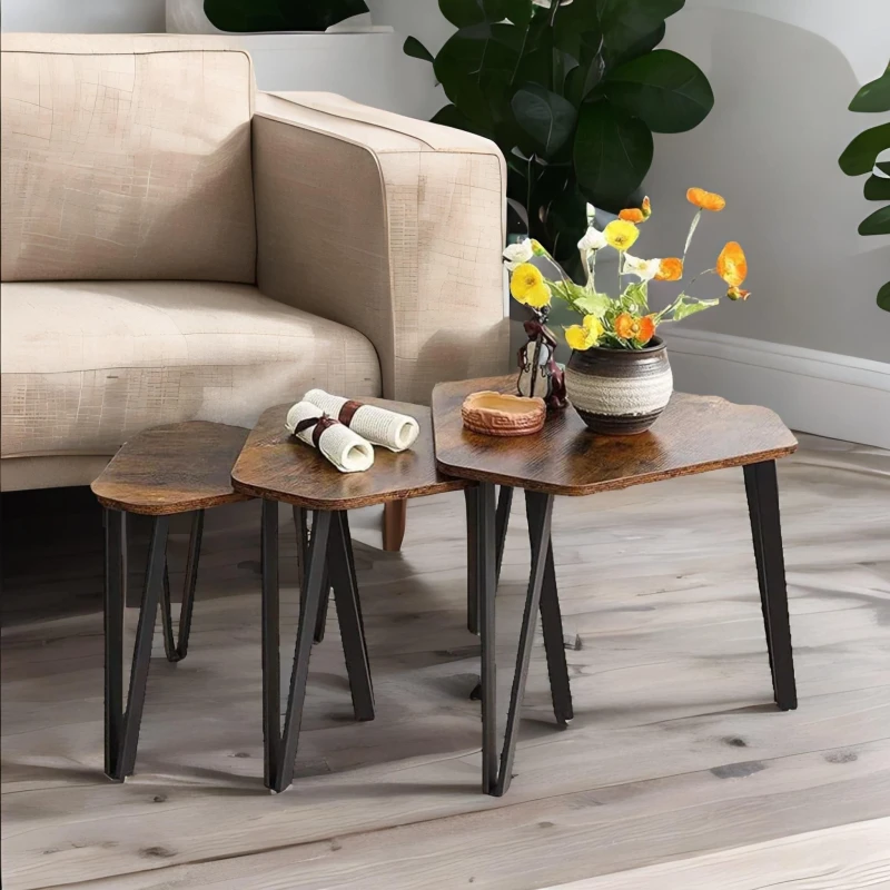Image of Rafaelo Mobilia Set Of 3 Industrial Nesting Tables Rustic Brown in Dark Brown Dark Brown Unisex