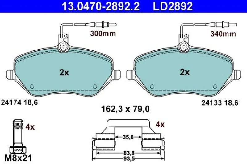 Image of ATE 13.0470-2892.2 Brake pad set incl. wear warning contact, with accessories, with brake caliper screws Brake Pad Set,disc brake (402)