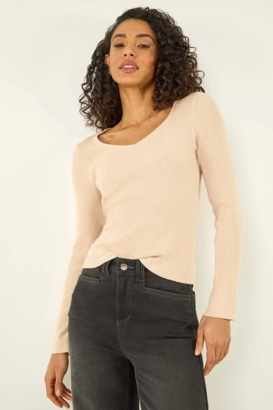 Image of Dusk Womens Ribbed Knitted Top in Beige Size: 14 Beige Female 14