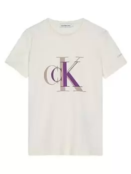 Image of Calvin Klein Jeans Girls Colour Block Monogram T-Shirt - Off White, Size Age: 14 Years, Women