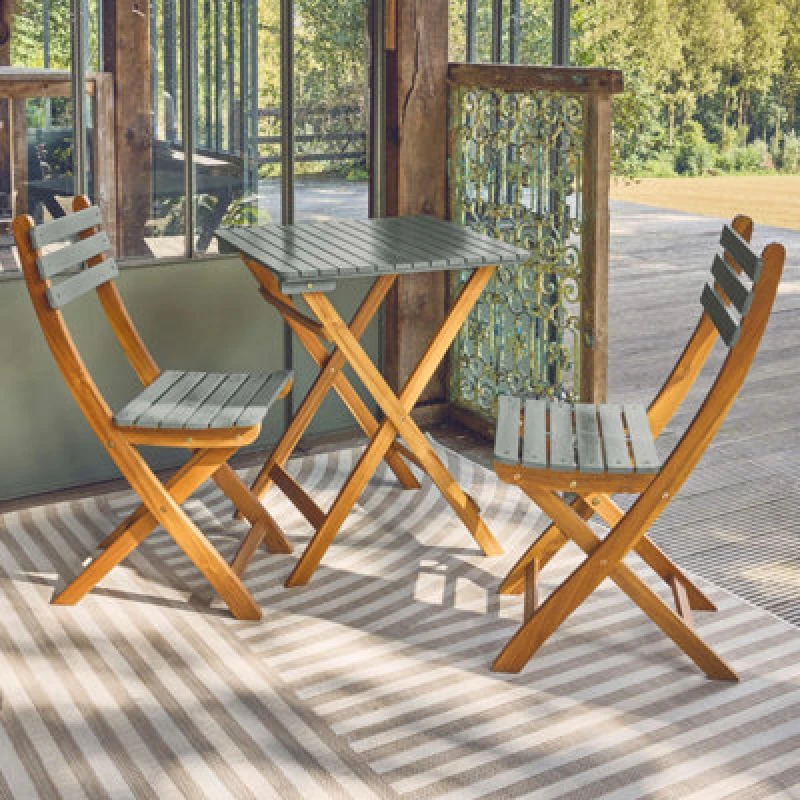 Image of Sweeek - Acacia Wood Garden Table 2 Folding Chairs Khaki Green 60X60X8cm - Hilora