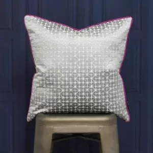 image of Pimlico Geometric Diamond Jacquard Weave Cushion Cover, Silver/Magenta, 45 x 45cm - Riva Paoletti