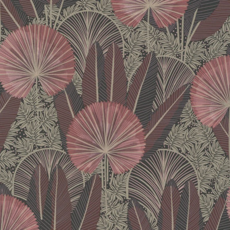 Image of Grandeco Asperia Oriental Jungle Leaf Textured Wallpaper, Red Pink