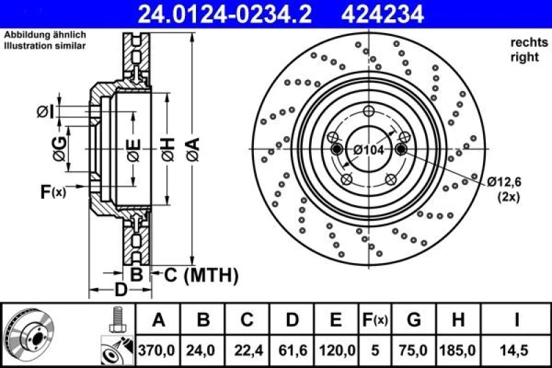 Image of ATE 24.0124-0234.2 Brake disc perforated/vented, Coated, High-carbon, with bolts/screws Brake Disc (82)
