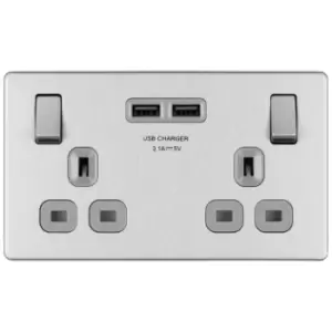 Image of Bg Brushed Steel 13A 2 Gang Switched Socket + USB - Screwless Flatplate