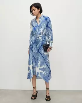 Image of AllSaints Skylar Rafaela Silk Linen Midi Dress