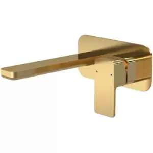 image of Windon 2-Hole Wall Mounted Basin Mixer Tap with Plate - Brushed Brass - Nuie