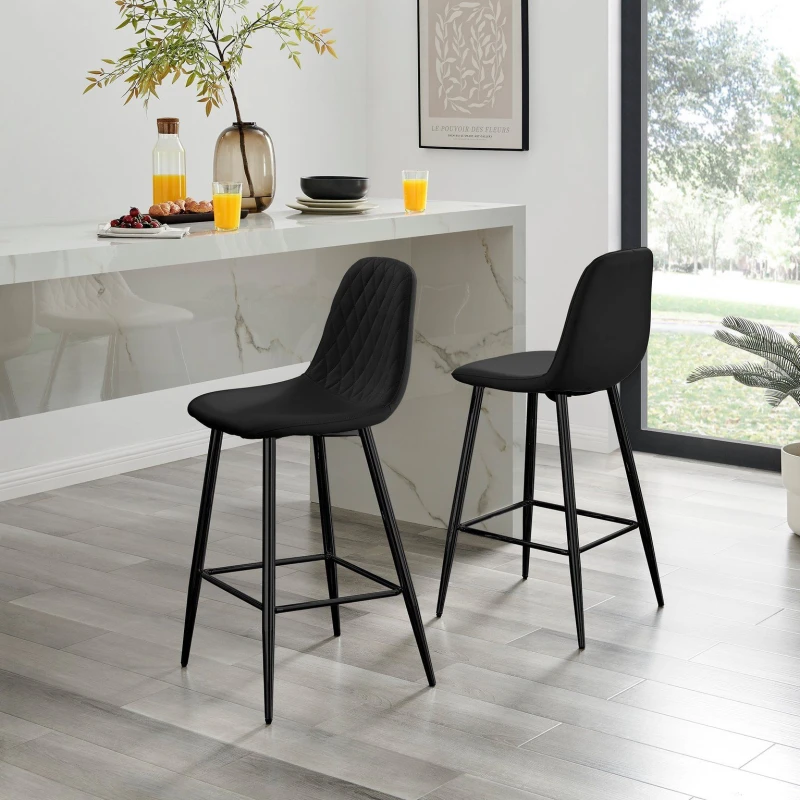 Image of FurnitureboxUK FurnitureboxUK Corona Set of 2 Bar Stools - Faux Leather Bar Chair With Black Legs - Kitchen Island Stool Black One Size Unisex 5056542