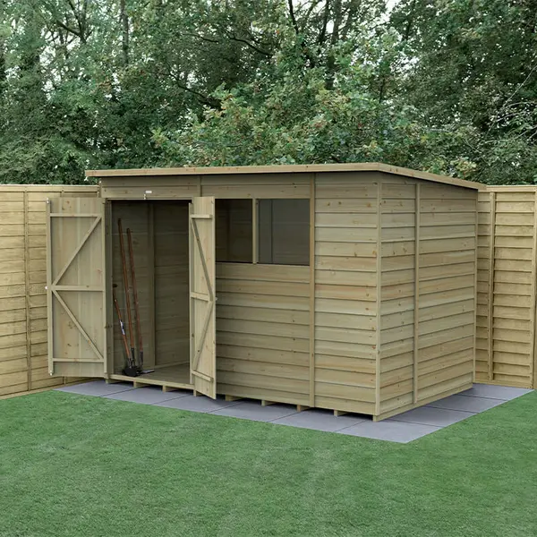 image of 10' x 6' Forest 4Life 25yr Guarantee Overlap Pressure Treated Double Door Pent Wooden Shed (3.11m x 2.04m)