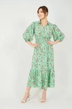 Image of Green Floral Midi Shirt Dress
