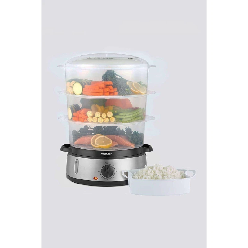 Image of VonShef 3 Removable Stackable Tiers Electric Food Steamer Metallic Silver unisex