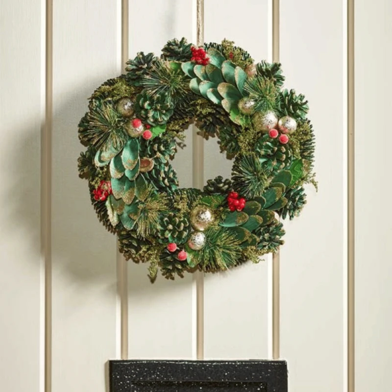 Image of 50cm Bauble and Pinecone Hanging Christmas Wreath with Red Berries