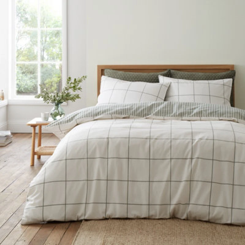 Image of Bianca Fine Linens Brushed Regal Check Cotton Reversible Single Duvet Cover Set With Pillowcase Green