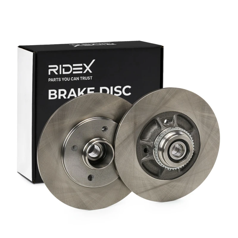 Image of RIDEX 82B0761 Brake disc Rear Axle, solid, Cast Iron, Uncoated, Untreated, with wheel hub Cast Iron Brake Disc (82)