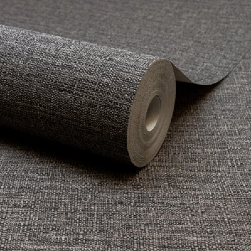 Image of Grandeco Telma Slubbed Fabric Hessian Textured Luxury Wallpaper, Charcoal Grey