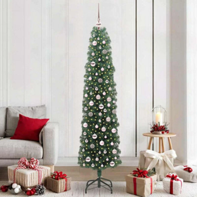 Image of vidaXL Artificial Christmas Tree with 300 LEDs, Pink Balls with Stand Green 210 x 55 cm, Green 3394958